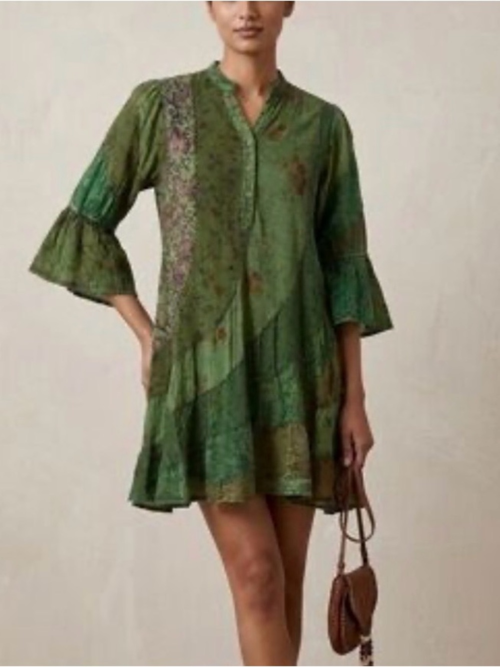 Young Threads Green Printed Bell-Sleeve Mini Dress